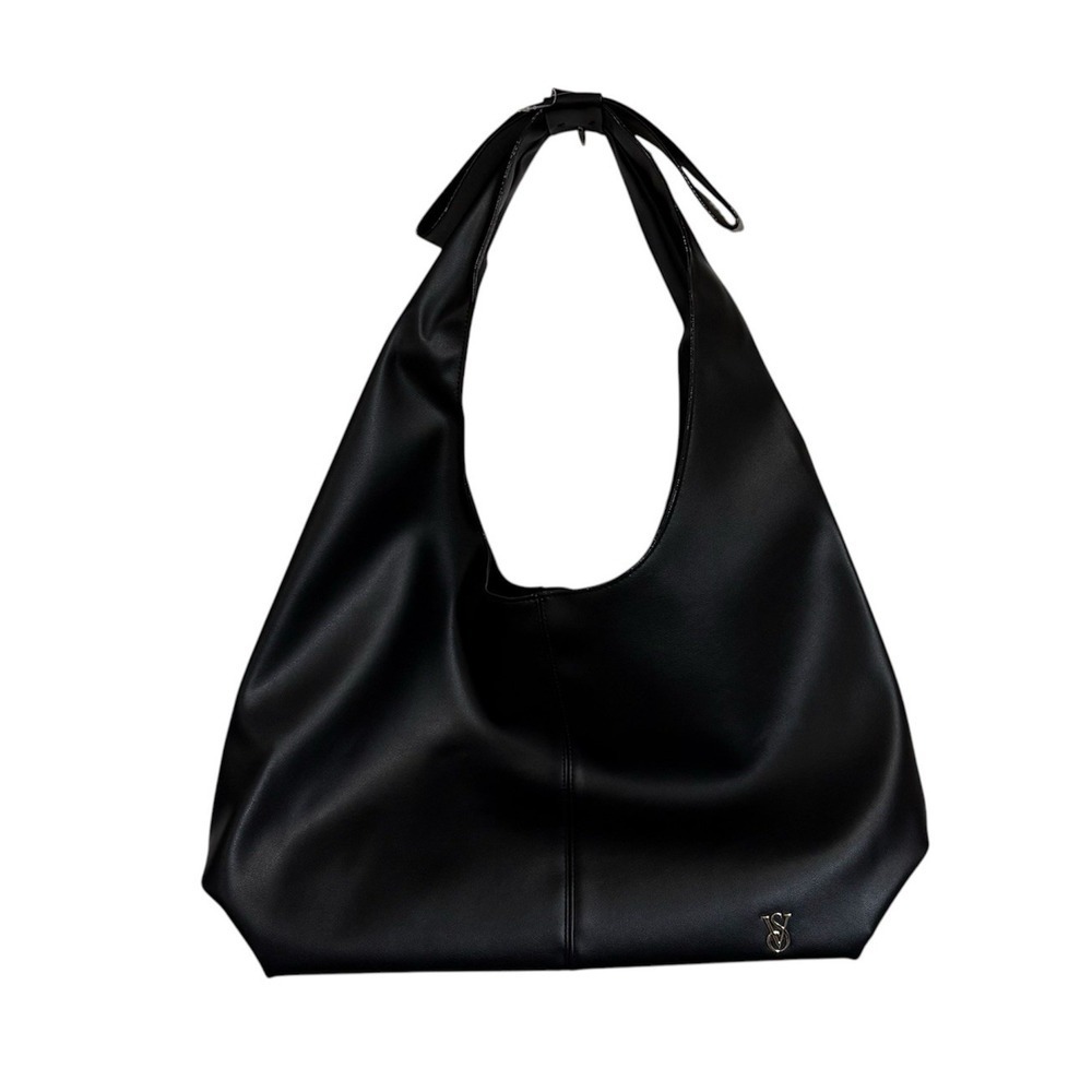 Victoria's Secret VS Bow Tote Bag Large Black Hobo Slouchy Faux Leather